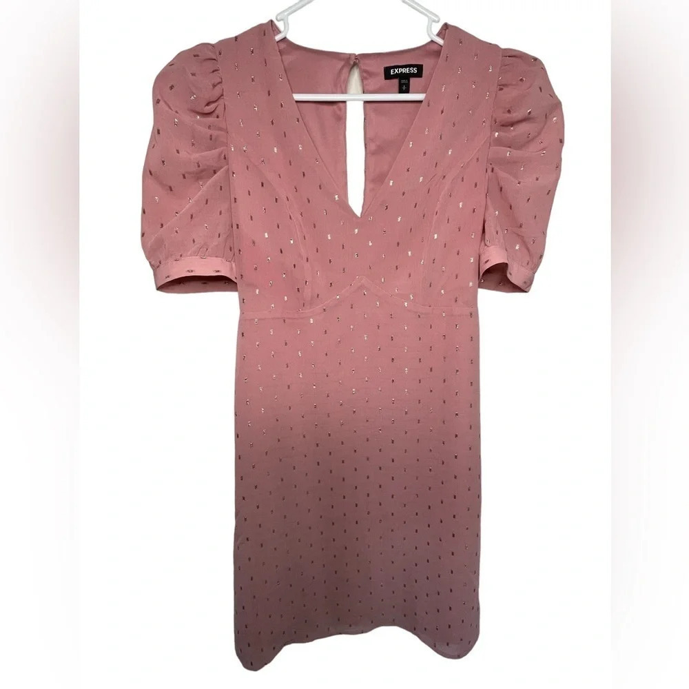 Express Womens Pink Metallic Dot Puff Sleeve Fit And Flare Dress Size Small
